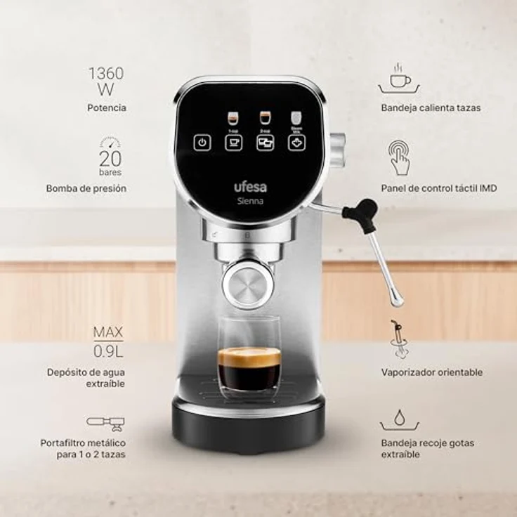 Ufesa Sienna, Siebträgermaschine mit 20 Bar Druck, 1360 Watt, Silber und Schwarz, inkl. digitalem Touch-Panel und abnehmbaren Wassertank – Bild 2