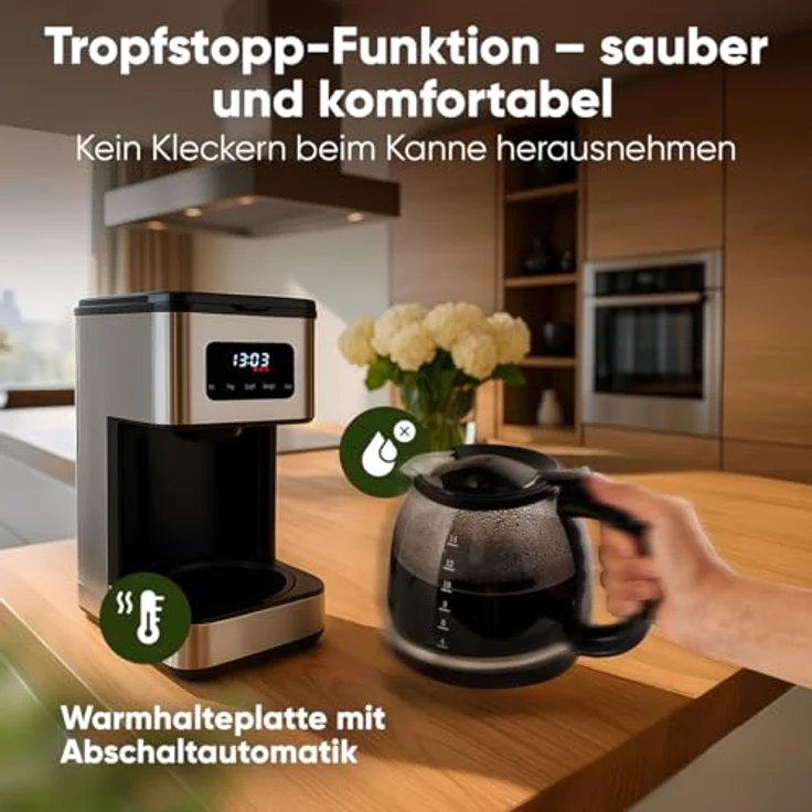 ProfiCook® Filterkaffeemaschine PC KA 1299, 900W mit Edelstahlgehäuse, für bis zu 14 Tassen, Aromawahl, Tropfstopp und Uhrzeit-Anzeige – Bild 4