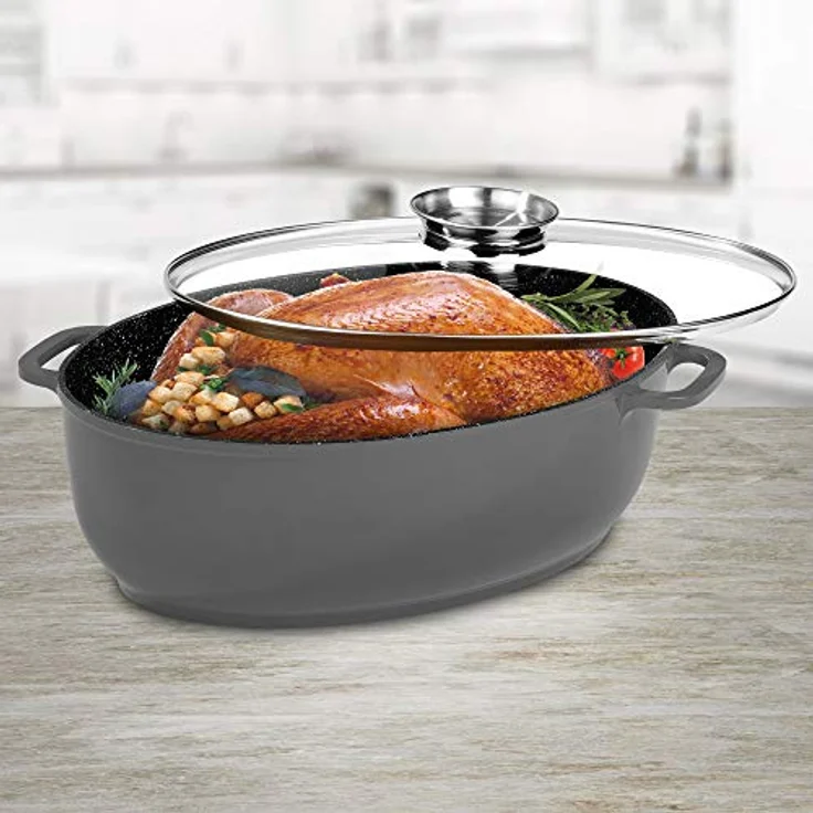 STONELINE Gourmet 38 x 26cm, oval, mit Aroma-Glasdeckel, induktionsgeeignet Bräter, Aluguss, Grau, 38 cm, 2-Einheiten – Bild 3