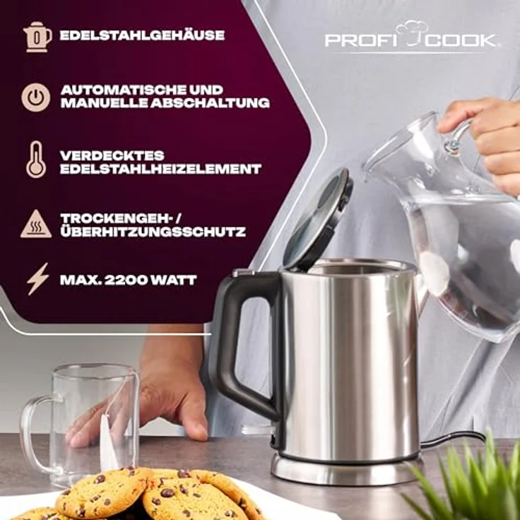 ProfiCook PC-WKS 1106 Edelstahl-Wasserkocher, 1 Liter, maximal 1850-2200 Watt, Wasserstandsanzeige, inox – Bild 6