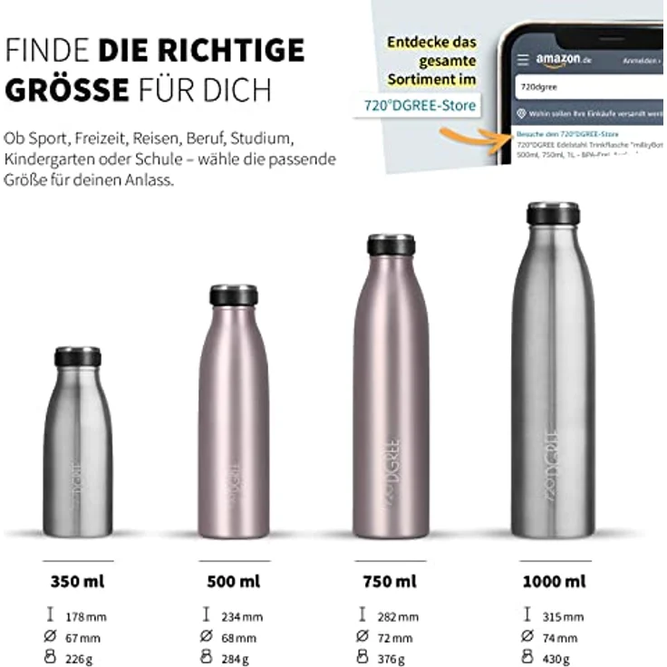 720°DGREE Edelstahl Trinkflasche “milkyBottle”, 500ml, BPA-frei, auslaufsicher, geeignet für Kohlensäure - Kleine Thermosflasche für Kinder, Sport, Schule und Fitness – Bild 3