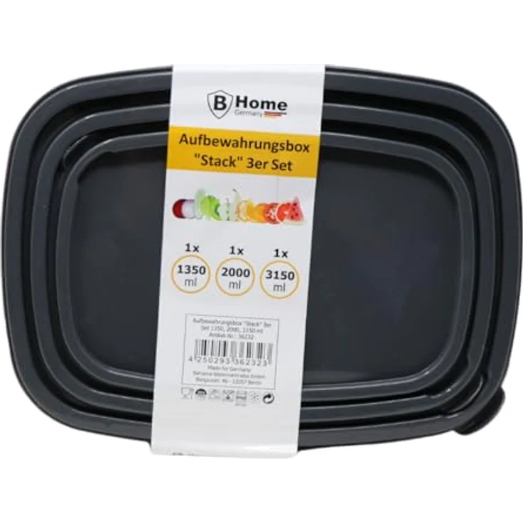 B!HOME Aufbewahrungsbox Set 3er-Set, 1.350 / 2.000 / 3.150 ml, mit Deckel - Anthrazit, für Lebensmittel und Vorräte – Bild 7