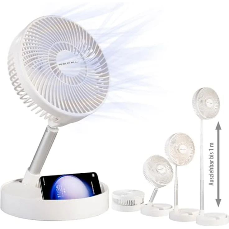 PEARL 2in1-Akku-Tisch- & Standventilator, ausziehbar bis 1 m, 3 Geschwindigkeitsstufen, 4000 mAh Akku für 8,5 Stunden Laufzeit, USB-Funktion, neigbarer Ventilatorkopf – Bild 2