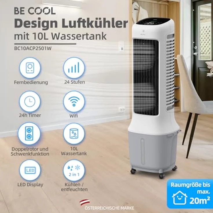 Be Cool BC10ACP2501W, Silent Luftkühler mit 10 Liter Tank und 24 Windstufen, Ventilator – Bild 2