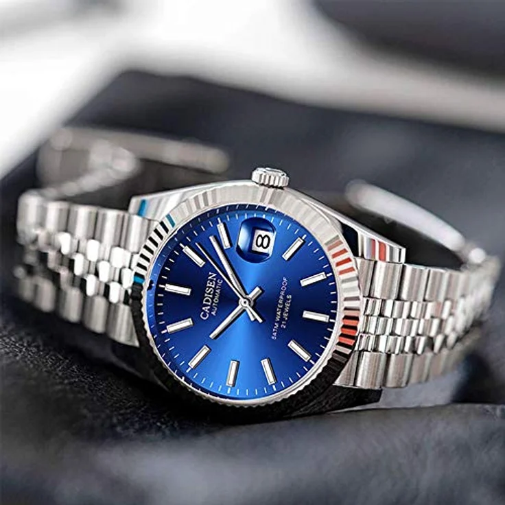 CADISEN Herren Automatikuhr, Elegante mechanische Uhr mit Saphirglas, Kalender und Edelstahlarmband, wasserdicht bis 50 m, Blau – Bild 5