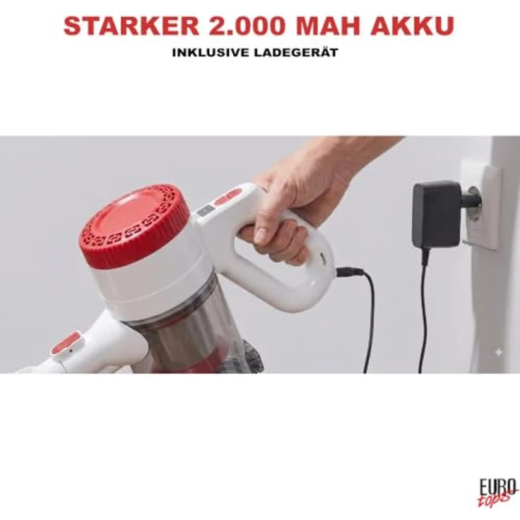 EUROtops Akku-Zyklon-Staubsauger, kabellos mit HEPA-Filter, LED-Bodenbürste, Handstaubsauger-Funktion, 22,2 V Akku, beutellos - Weiß – Bild 8