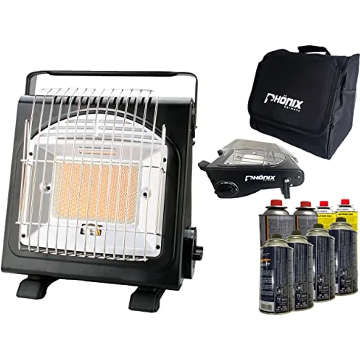 PHönix PH-100 Keramik Gasheizung Heizstrahler 1,7 KW Gasstrahler Camping Heizung Gaskocher + Tasche + 8 Gaskartuschen