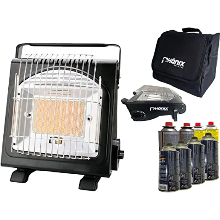 PHönix PH-100 Keramik Gasheizung Heizstrahler 1,7 KW Gasstrahler Camping Heizung Gaskocher + Tasche + 8 Gaskartuschen – Bild 1