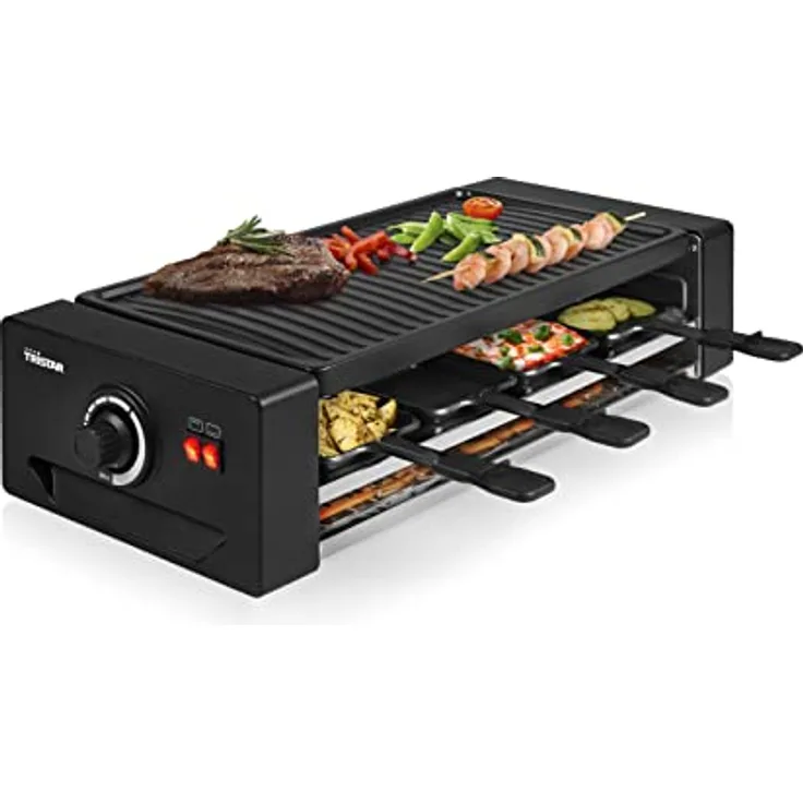 Tristar RA-2736 Multifunktionales Raclette- und Pizzagerät Einstellbarer Thermostat mit doppeltem Heizelement 43 x 23 cm Kochfläche für 8 Personen BPA-frei 1300 Watt, Schwarz