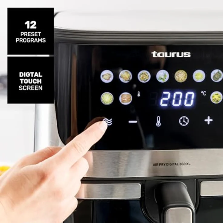 Taurus Heißluftfritteuse Air Fry Digital 360 XL, 2100W, 8L, 12 Programme, Touchscreen, Doppelheizung, Metallgehäuse, BPA-/PFOA-frei, Online-Rezepte – Bild 3