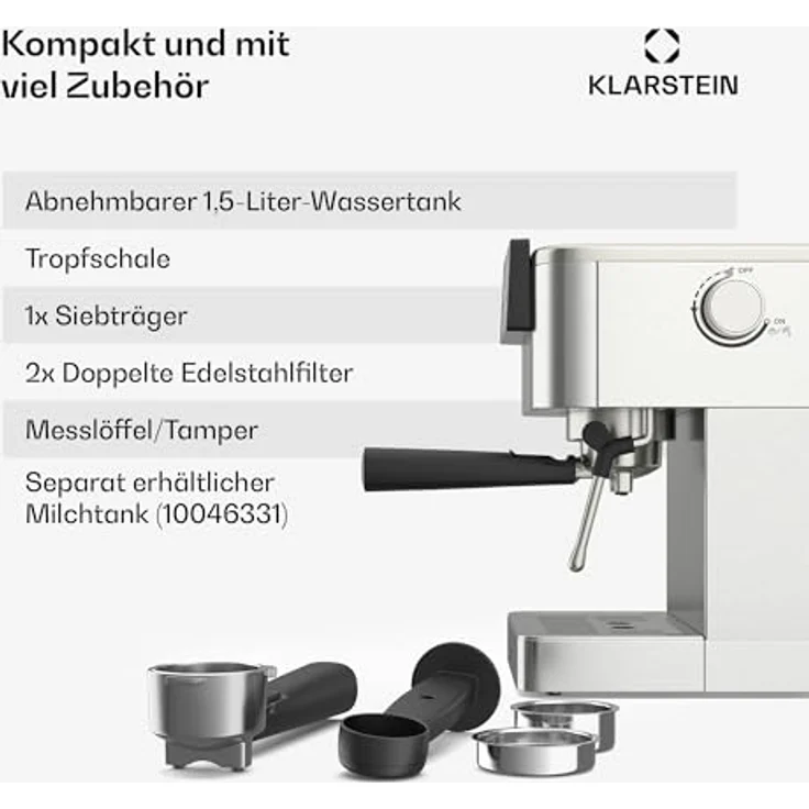 Klarstein SteelPresso Touch Siebträgermaschine – 20-Bar, 1350 W, Edelstahl, 1,5-L-Wassertank, Touch-Display, Integrierter Milchaufschäumer, Kompaktes Design, Kaffeemaschine – Bild 7