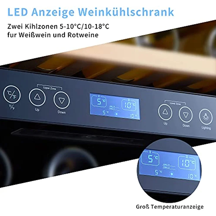 Kalamera Weinkühlschrank 2 Zonen, 45 Flaschen, 120Liter, großes LCD-Display, Temperaturzonen 5-10°C/10-18°C, KRC-120BFG – Bild 2