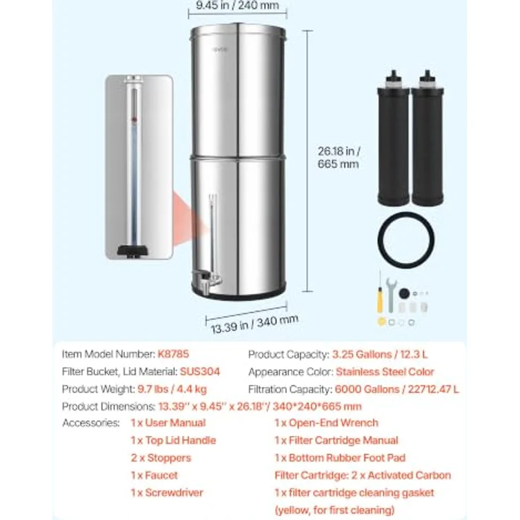 VEVOR Schwerkraft-Wasserfilter 12,3 L Edelstahl 304, Wasserfiltersystem mit 2 Aktivkohlefiltern, reduziert Blei und 99 % Chlor, Wasserstandsanzeige für Zuhause und Camping – Bild 7