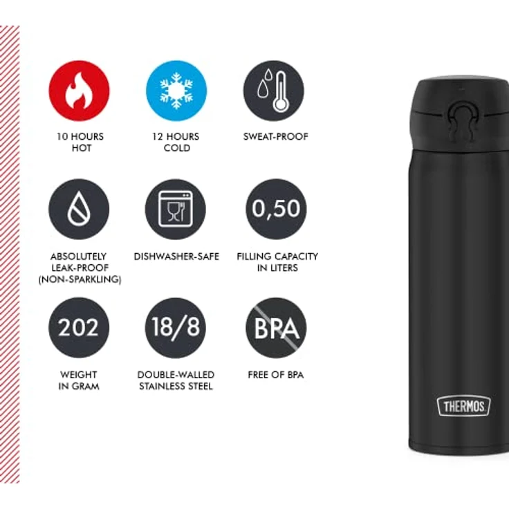 THERMOS 4035.232.050 Thermosflasche Ultralight, Edelstahl Mat Black 0,5 l, extrem leicht, nur 210 g, 10 Stunden heiß, 20 Stunden kalt – Bild 5