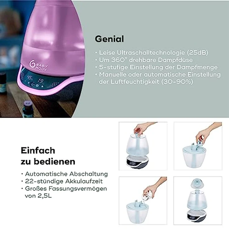 Babymoov Hygro Plus, digitaler Luftbefeuchter mit Nachtlicht (7 Farben), automatische Feuchtigkeitsregelung, Vernebler für ätherische Öle – Bild 4