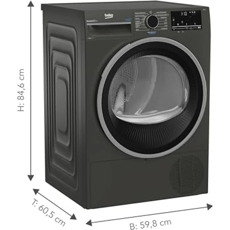 Beko B3T22491M Wäschetrockner Serie b300, 8 kg, Frontlader, Wärmepumpentrockner, 15 Programme, Sensortrocknung, Dampffunktion, Silent-Programm, Allergikergeeignet, Säulenfähig, Manhattan Gray – Bild 2