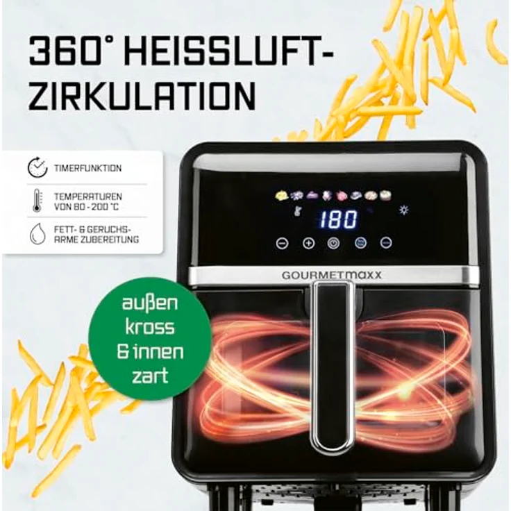 GOURMETmaxx Heißluftfritteuse 5 L, Airfryer mit 6 Funktionen, 8 Programmen, Farbdisplay mit Touch-Funktion, für max. 4 Personen, inkl. 10 Backpapierschalen – Bild 5