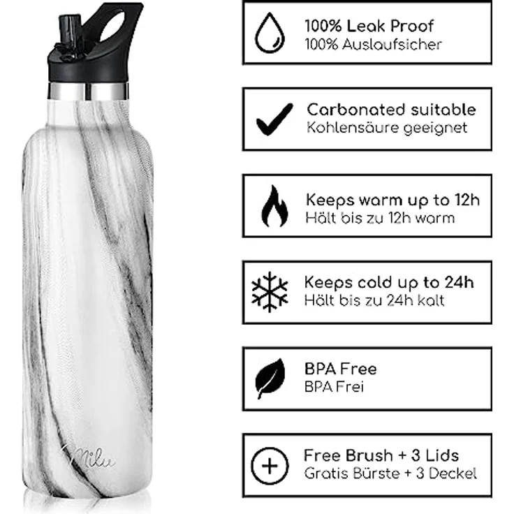 Milu Edelstahl Trinkflasche 750ml, doppelwandige Thermosflasche mit Strohhalm, auslaufsicher, kohlensäuregeeignet, Marble – Bild 4