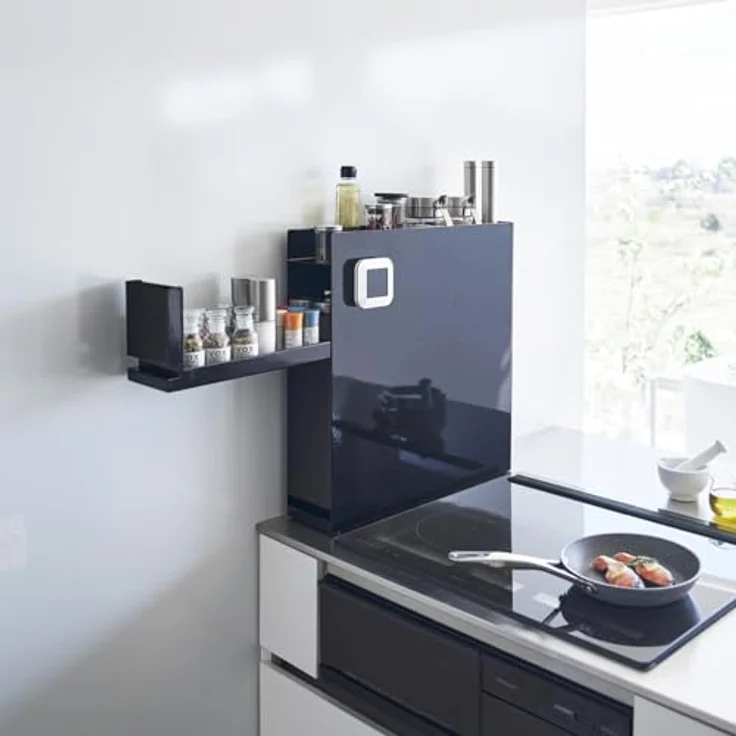 Yamazaki 4335 TOWER 2-Tiered Sliding Seasoning Rack, Black, Steel/Polypropylene, Minimalist Design, 12.5 x 50～93 x 52.5 cm (LxWxH) - Versteckte Aufbewahrung, Magnetische Oberfläche, Belastbarkeit bis 5 kg (unten) – Bild 4