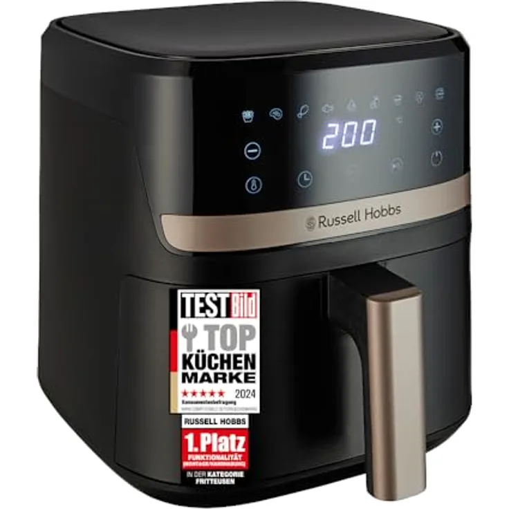 Russell Hobbs Heißluftfritteuse SatisFry 4,3L Rapid AirFryer, digitale Touchscreen-Bedienung, 9 Programme, spülmaschinenfest, sehr leise, schwarzes Gehäuse mit Champagner-Akzenten, 27610-56