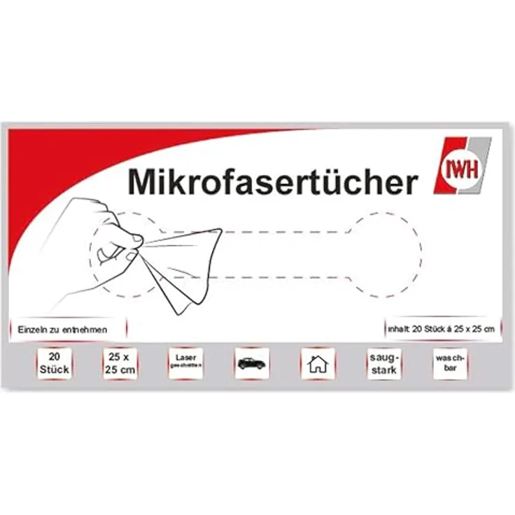 IWH Mikrofasertücher im Karton 071125, 20 Stck, 250 x 250 mm, extrem saugfähig, schnelltrocknend