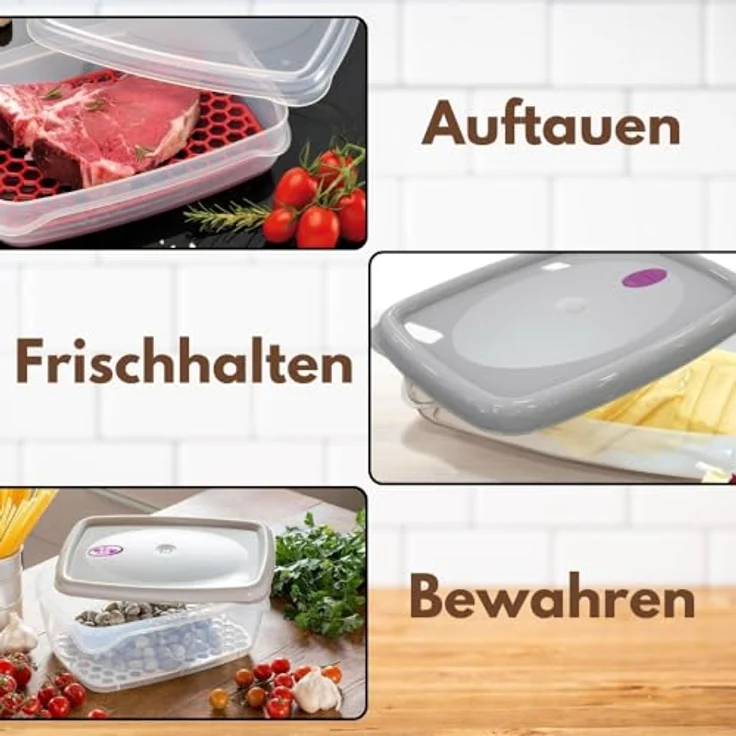 GarPet 4er Set Frischhaltedosen mit Abtropfgitter und Dampfventil, luftdicht, 2,5 L, transparent mit rot/grünem Deckel – Bild 4