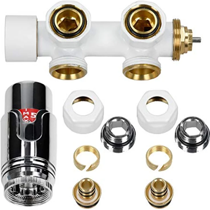 ECD Germany Ventil-Armaturen Set Multiblock Weiß Eckform inkl. Thermostatkopf für Badheizkörper mit Mittelanschluss - Anschlussgarnitur Heizkörper Eckausführung Eck Rohre aus Wand mit Thermostat – Bild 2