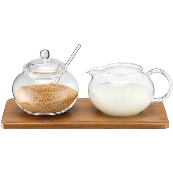 Weis 14580 Zucker-/Sahne Set aus Glas mit Bambustablett, weiß, tropffreier Ausguss, inklusive Löffel, Maße: 22,5x10,5cm – Bild 2
