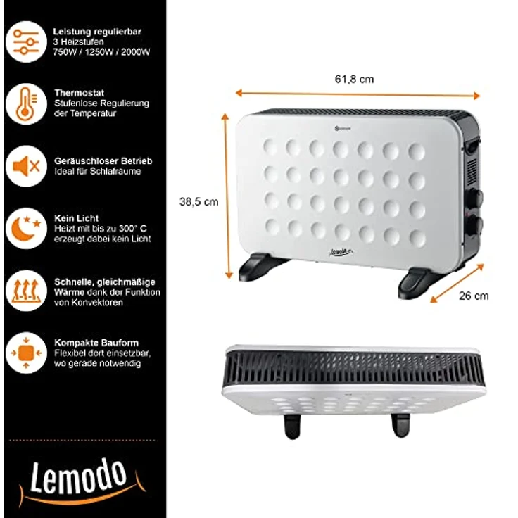 LEMODO mobile Elektroheizung - energiesparende Konvektor Heizung - Elektrische Heizung mit 3 Leistungsstufen - Heizgerät ohne Gas - robuster Elektroheizkörper (750W / 1.250W / 2.000W) – Bild 4