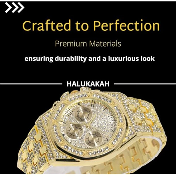 Halukakah Diamanten Gold Uhr für Jungen, Teenager und Kinder - 18K Echtgold platiniert, 40mm Achteck-Zifferblatt mit Römischen Zahlen, Japanisches Quarzwerk, 20cm Länge, inklusive Uhrenanpassungswerkzeug – Bild 4
