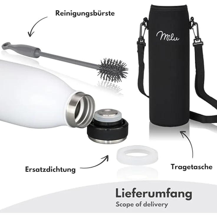 Milu Edelstahl Trinkflasche 500ml – Isolierte Wasserflasche, doppelwandig, auslaufsicher, kohlensäuregeeignet, inkl. Reinigungsbürste (Weiß) – Bild 5