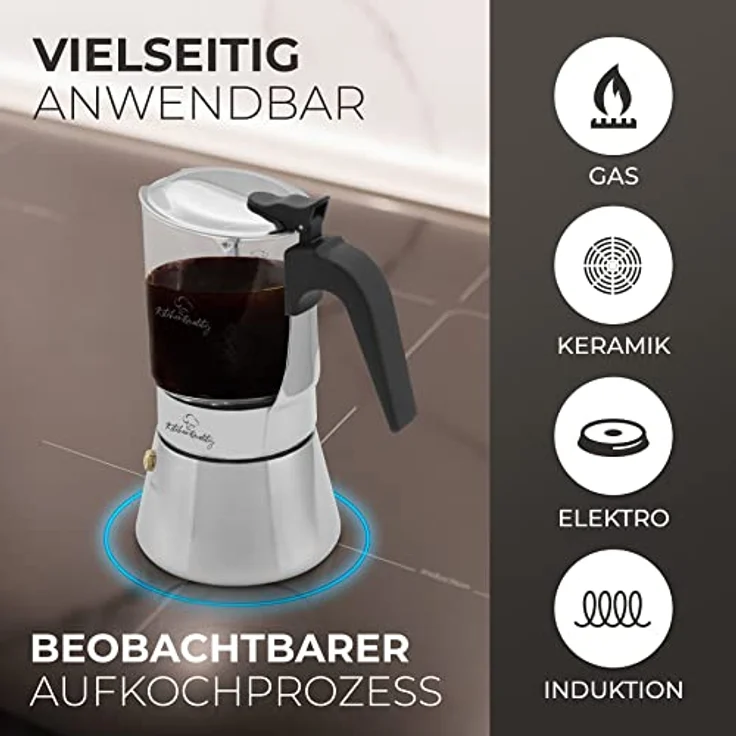 KitchenQuality Espressokocher, Edelstahl und Borosilikatglas, für alle Herdarten, inkl. Portionierlöffel & Untersetzer, Maße 17,5x10 cm – Bild 5