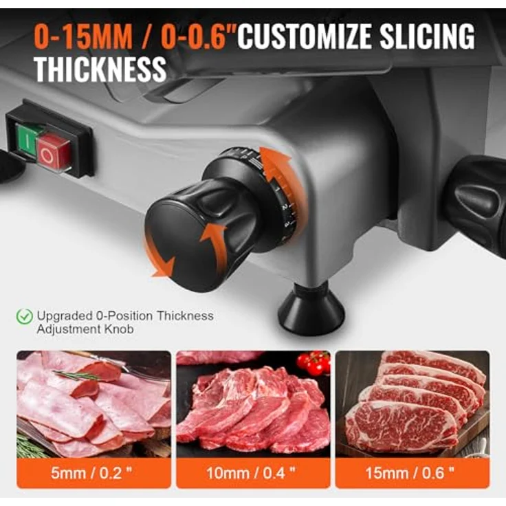 VEVOR Kommerzieller Fleisch Allesschneider 340 W, Elektrische Aufschnittmaschine Lebensmittelschneider mit 25,4 cm-Kohlenstoffstahlklinge, 0–15 mm einstellbare Dicke - SUS420-Klinge, Schnelles Schneiden, Leicht zu reinigen, Stabilität & Sicherheit – Bild 3