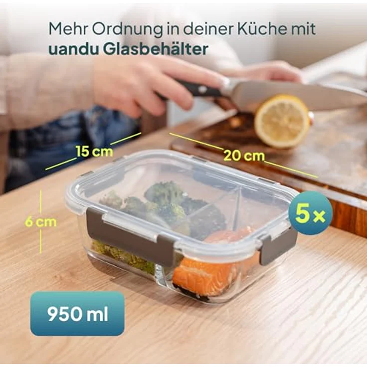 uandu Glasbehälter mit Deckel 10-teilig, Meal Prep Boxen aus Borosilikatglas, 2 Fächer, luftdicht und stapelbar, 950 ml – Bild 2