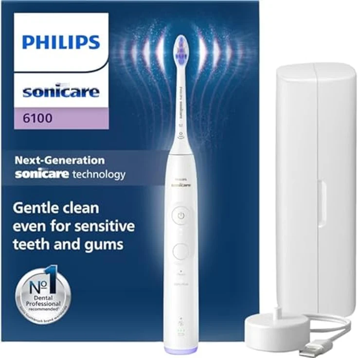 Philips Sonicare 6100 HX7400/06 Schallzahnbürste, Sensibel, 62000 Bewegungen pro Minute, Weiß, 2 min, 4 x 30 sec – Bild 1