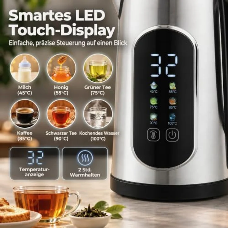 HOMCOM Wasserkocher Toaster Set, 2200 W Wasserkocher (1,5 L) und 2-Scheiben Toaster in Silber, mit LED-Touch und Warmhaltefunktion – Bild 3