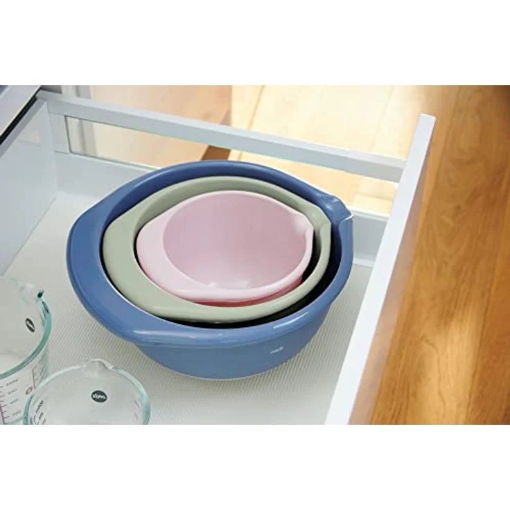Emsa K324S3 Prep&Bake 3er Set Kunststoff-Rührschüssel | 1,4 + 2,8 + 4,7 L | rutschfester Boden | ideale Stabilität | Ausgießlippe für präzises, sauberes Ausgießen | spülmaschinenfest | Rosa/Grün/Blau – Bild 2