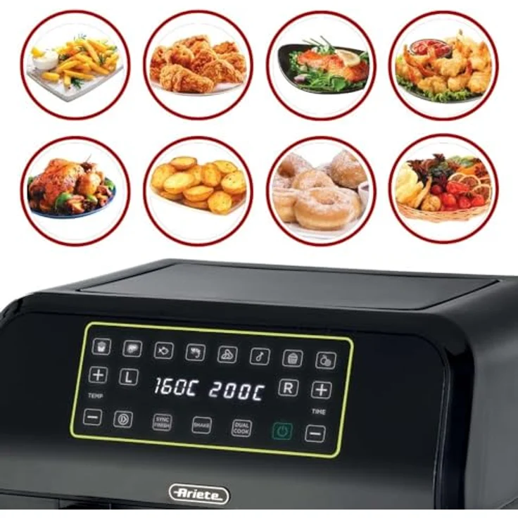 Ariete 4623 Airy Fryer Dual, Luftfritteuse mit Doppelkorb, 1700 W, 8 l Fassungsvermögen, digitales LED-Touch-Panel, 8 Programme, Timer, 2 Körbe, schwarz – Bild 2