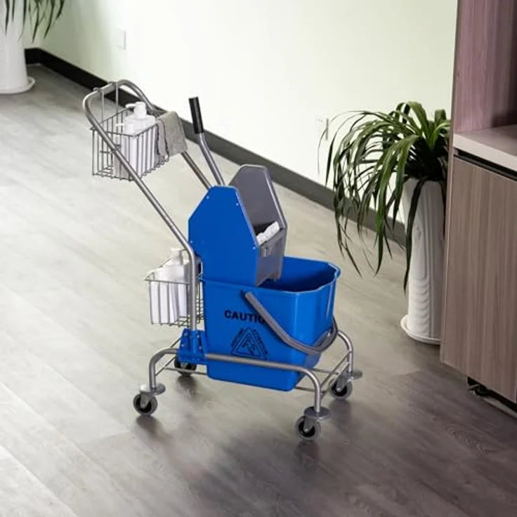 HOMCOM Reinigungswagen, Putzeimer mit 26 Liter Fassungsvermögen, 2 Aufbewahrungskörbe, mit Rollen, blau – Bild 2