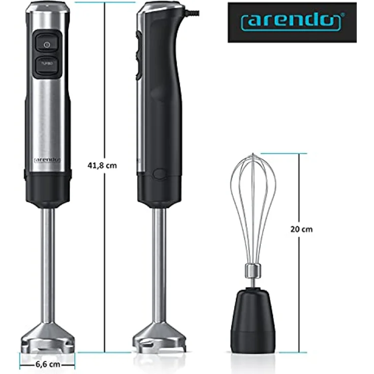 Arendo Stabmixer, 1200 Watt, Edelstahl, inkl. Schneebesenaufsatz, vierflügeliges Messer  – Bild 6