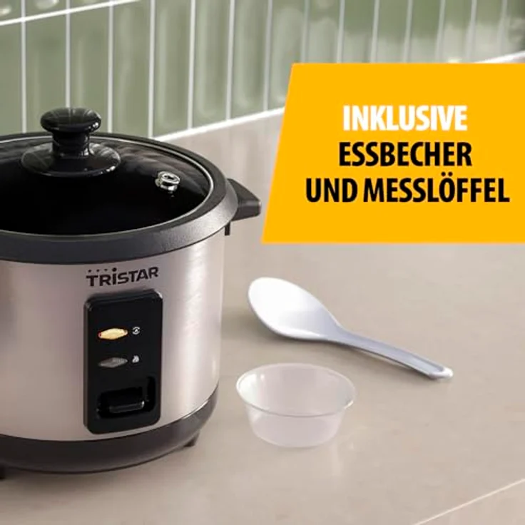 Tristar RK-6144 Reiskocher, 1 L Kapazität für bis zu 5 Portionen, Edelstahlgehäuse, Antihaft-Innentopf, Dampfeinsatz, Warmhaltefunktion, 400 W – Bild 4
