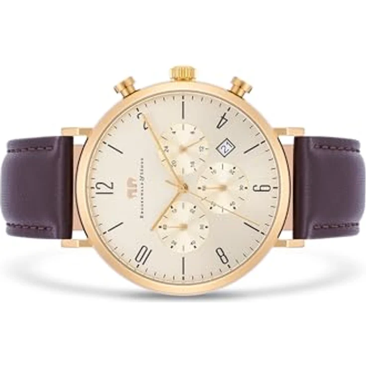 Rhodenwald & Söhne Herren Chronograph Uhr mit Japan Quarzwerk, 24-h-Anzeige, Stoppfunktion, braunes Echtlederarmband, Edelstahl-Gehäuse in Gelbgold, 42 mm, wasserdicht bis 5 ATM – Bild 4