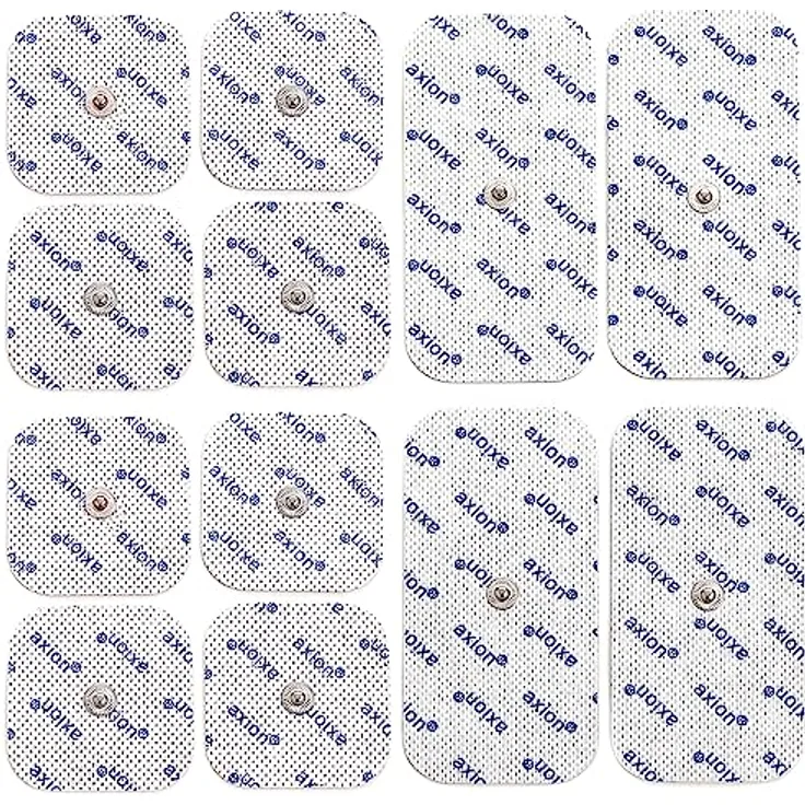 Axion Elektrodenpads für TENS EMS Geräte, Set mit 12 selbstklebenden Elektroden, 10x5cm (4x) & 5x5cm (8x), 3.5mm Druckknopf