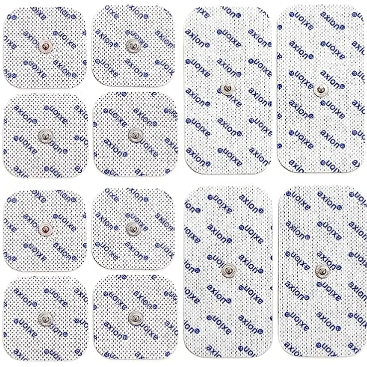 Axion Elektrodenpads für TENS EMS Geräte, Set mit 12 selbstklebenden Elektroden, 10x5cm (4x) & 5x5cm (8x), 3.5mm Druckknopf – Bild 1