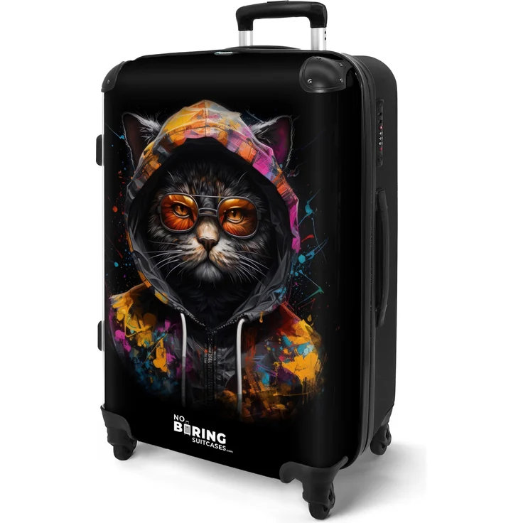 NoBoringSuitcases.com© Hartschalen-Trolley Katze mit bunter Weste und orangefarbener Brille 67x43x25cm, 4 Rollen, Koffer Mittelgroß, Suitcase für Erwachsene – Bild 1