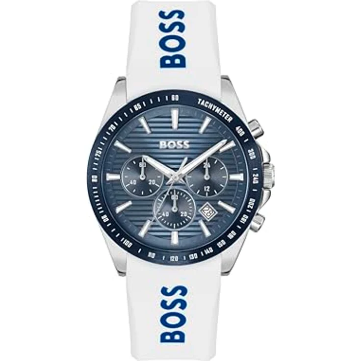 BOSS Strike Chrono, Chronograph Quarz Uhr für Herren mit weißen Silikonarmband, 41mm Edelstahlgehäuse, blaue Zifferblatt mit Datumsanzeige – Bild 1