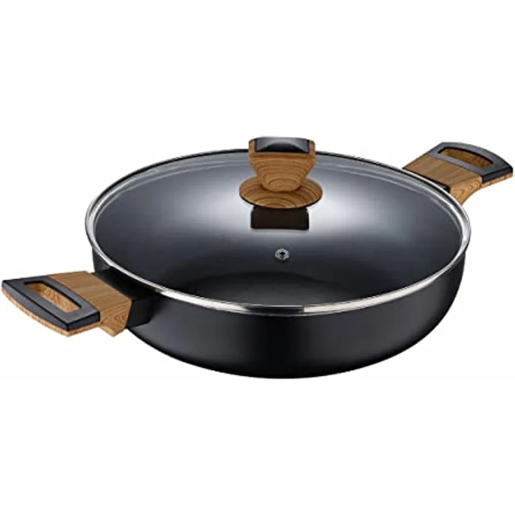 BERGNER Earth | Kochtopf | Niedrige Stielkasserolle 28 cm mit Deckel | Farbe Grau | Aus Gepresstem Aluminium mit Ergonomischen Holzgriffen | Küchenzubehör | Geeignet für alle Herdarten