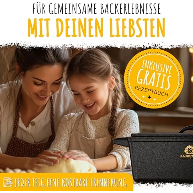 K KAISERTAL 28cm Brotbackform mit Deckel + Gärkorb - Eingebrannte Backform aus Gusseisen - Brottopf zum Backen - Kastenform mit Deckel inkl. Backen Zubehör, Farbe: Schwarz – Bild 2