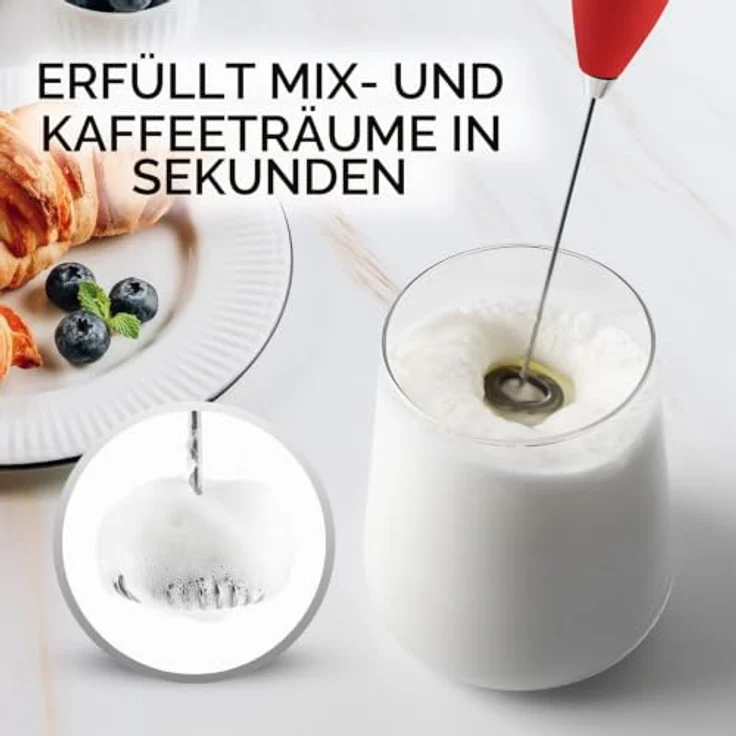 Zulay Kitchen Elektrischer Milchaufschäumer Stab, kompakt und leistungsstark, für cremigen Milchschaum in Sekunden - Rot – Bild 2