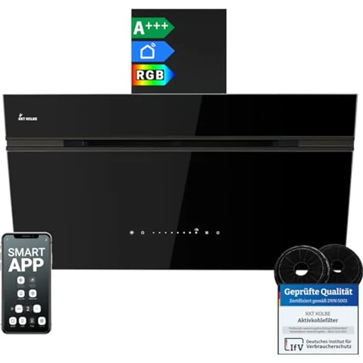 KKT KOLBE AURORA9005FB, 90 cm Dunstabzugshaube A+++ mit 782 cbm/h, Schwarz, Glas, Umluft/Abluft, Nachlaufautomatik, Smart WiFi App, SensorTouch, RGBW LED-Beleuchtung – Bild 1